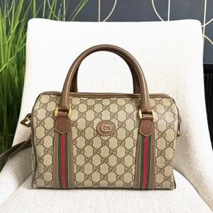 Authentic Gucci Boston satchel bag brown monogram coated canvas